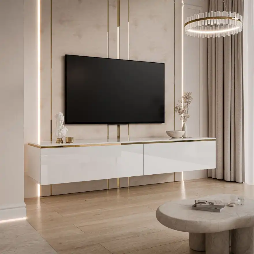 TV spintelė AURORA yra unikalus baldas, Tai ne tik stilingas žavingo interjero papildymas, bet ir puikus pasirinkimas klasikinių ar minimalistinių kompozicijų mėgėjams.