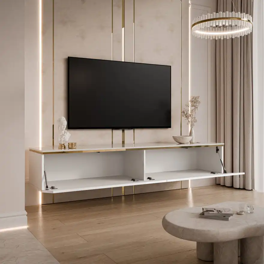 TV spintelė AURORA yra unikalus baldas, Tai ne tik stilingas žavingo interjero papildymas, bet ir puikus pasirinkimas klasikinių ar minimalistinių kompozicijų mėgėjams.