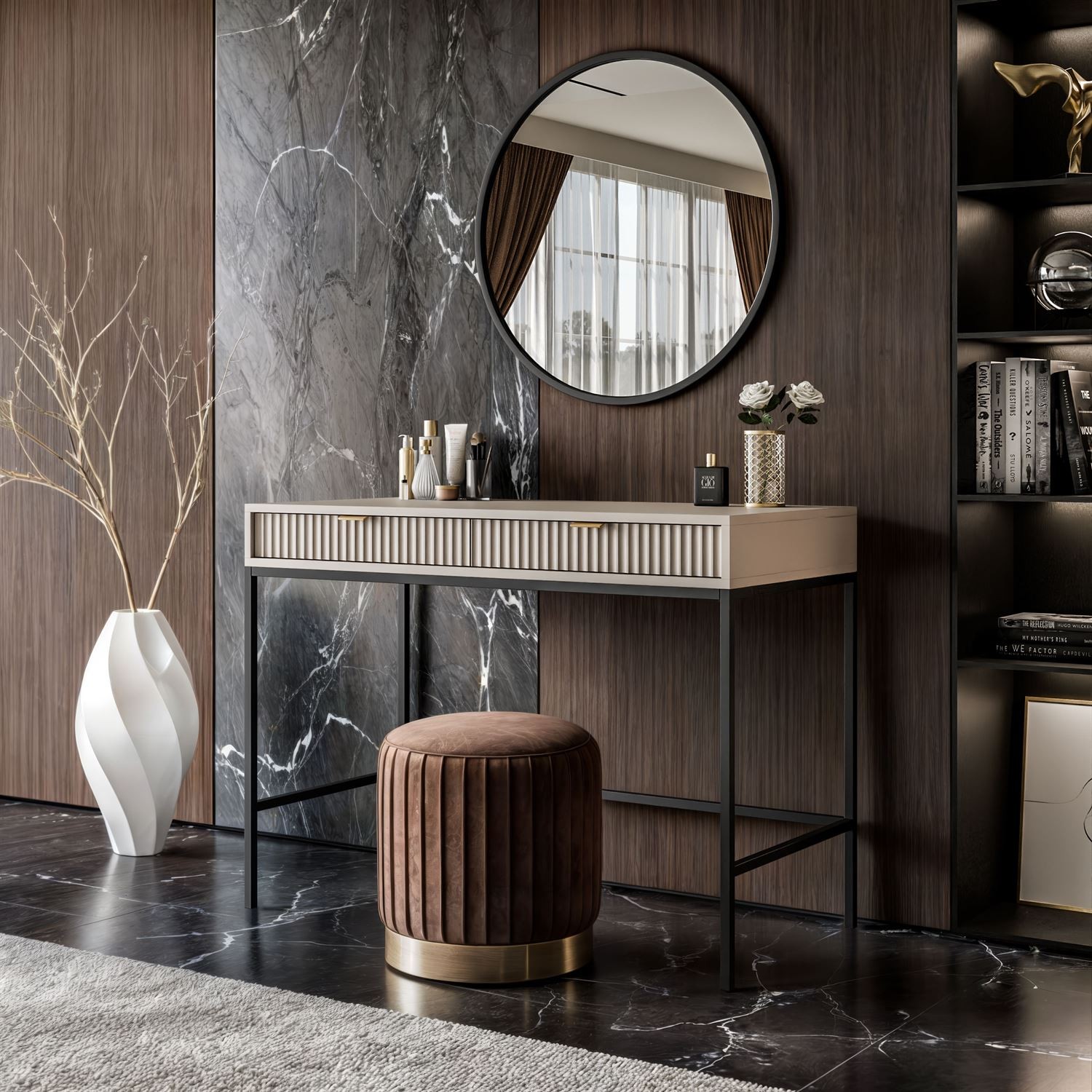 CORTAO konsolė – modernus, elegantiškas baldas su grioveliais dekoruotais fasadais, auksinėmis rankenėlėmis ir minimalistinėmis juodomis kojelėmis.