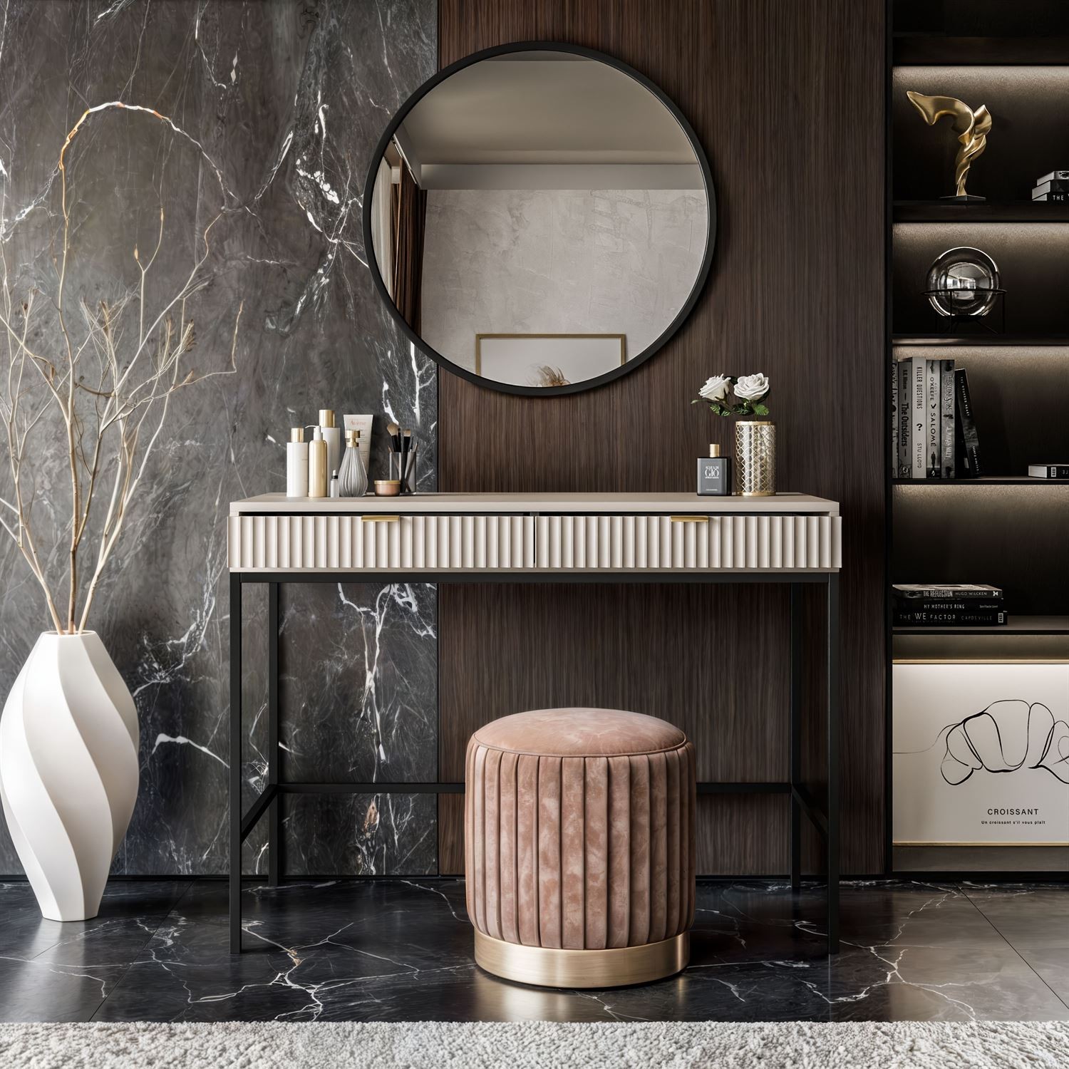 CORTAO konsolė – modernus, elegantiškas baldas su grioveliais dekoruotais fasadais, auksinėmis rankenėlėmis ir minimalistinėmis juodomis kojelėmis.