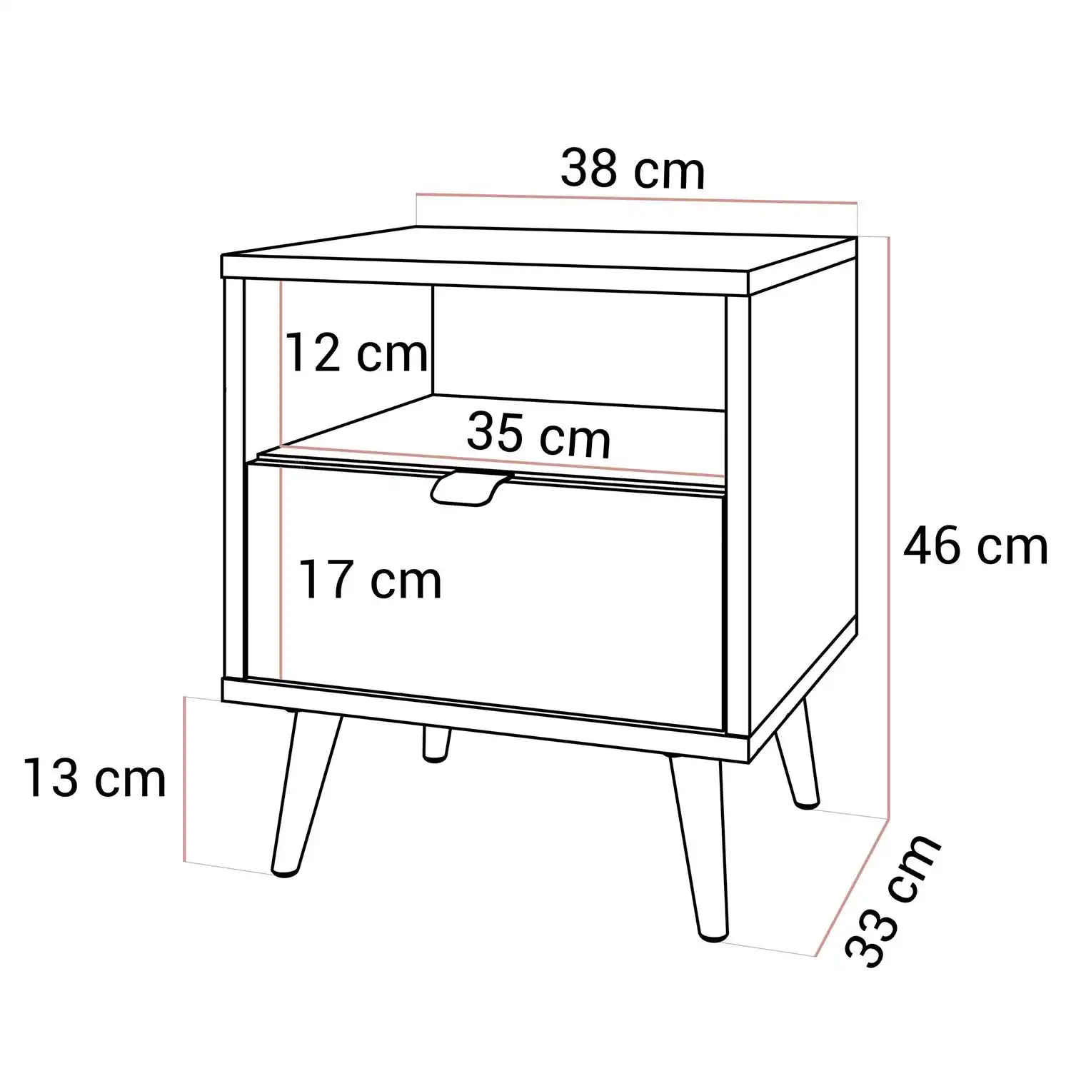 ALDO naktinis staliukas su LED apšvietimu matmenys Baltas ALDO staliukas su subtiliomis auksinėmis detalėmis ir moderniu dizainu.