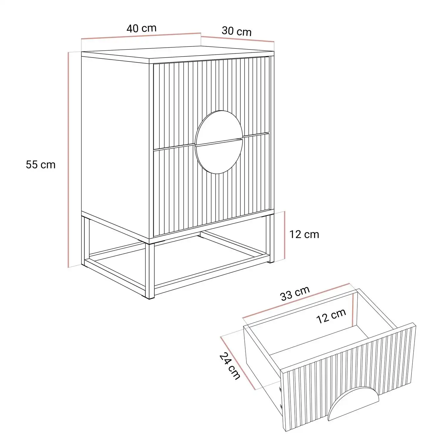 LUNO naktinis staliukas su grioveliuotu priekiu ant rėmo matmentys Baltos spalvos LUNO naktinis staliukas šiuolaikiniame miegamajame su minimalistiniu dekoru.