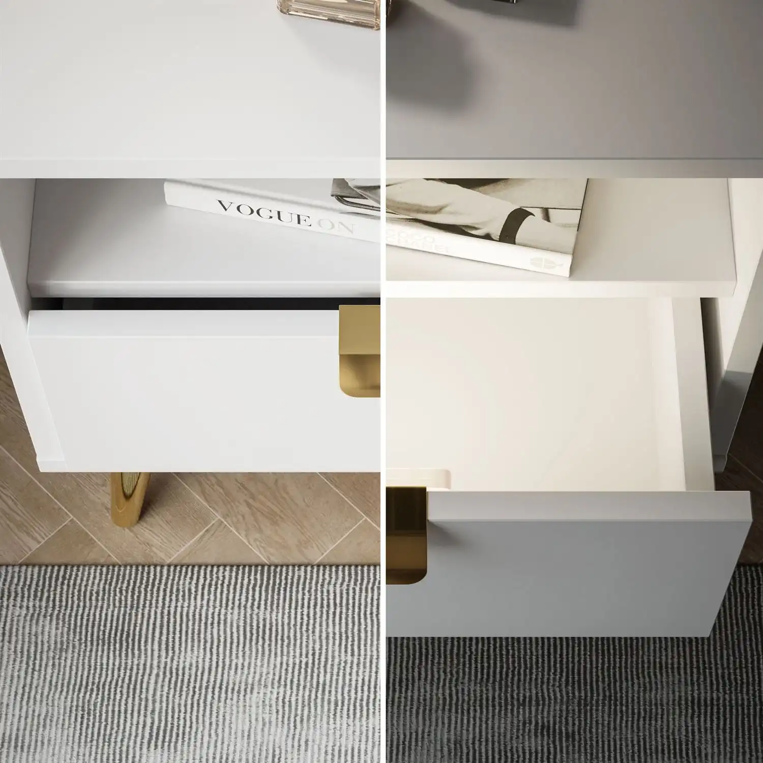 naktinis staliukas su LED apšvietimu atvira vieta Baltas ALDO staliukas su subtiliomis auksinėmis detalėmis ir moderniu dizainu.