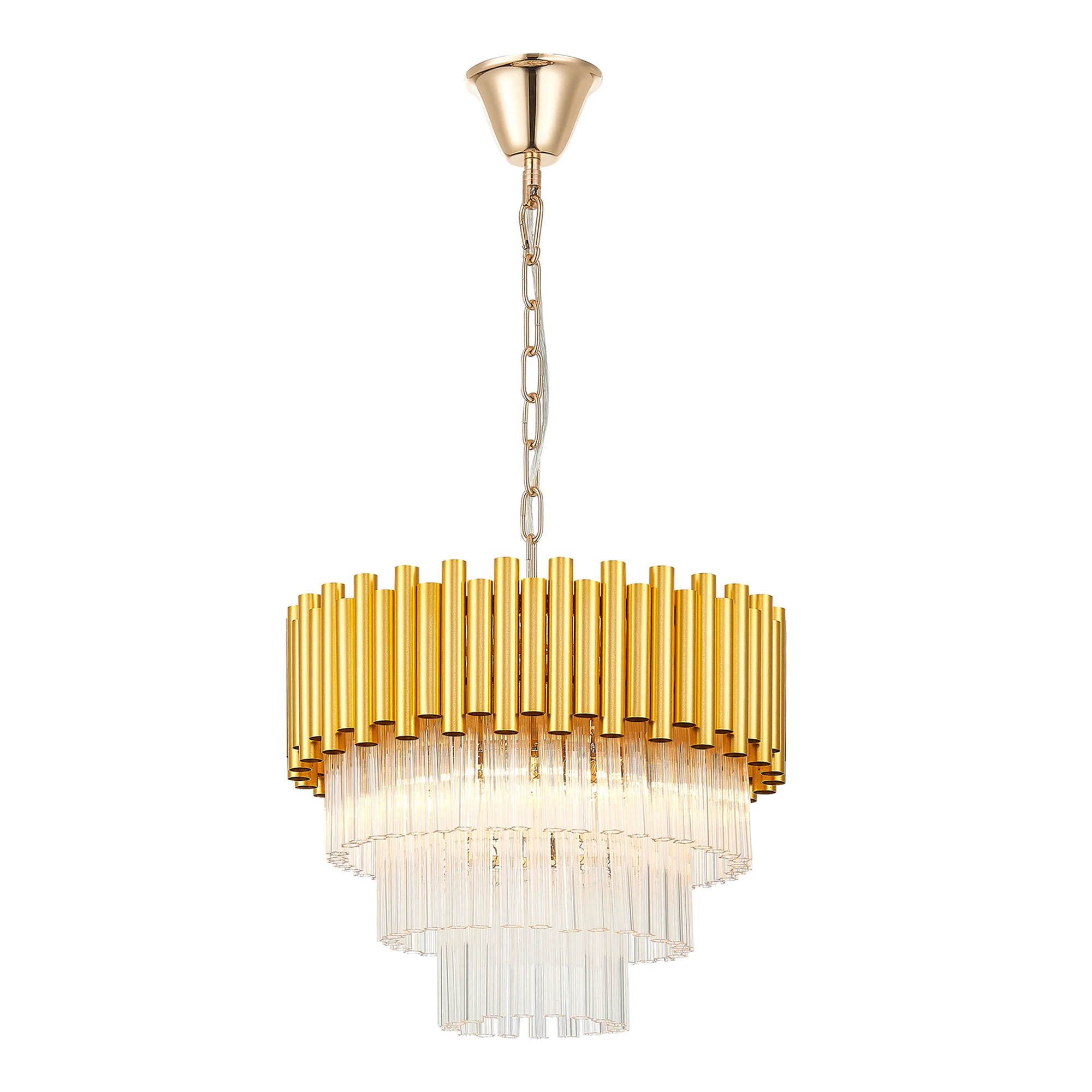 Auksinės spalvos pakabinamas šviestuvas PRIMA su keturiais šviesos taškais, stiklo ir metalo derinys, elegantiškas blizgus dizainas.